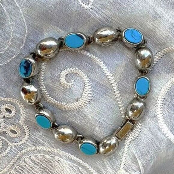 Vintage Silver & Turquoise Dome Link Bracelet - Picture 1 of 7